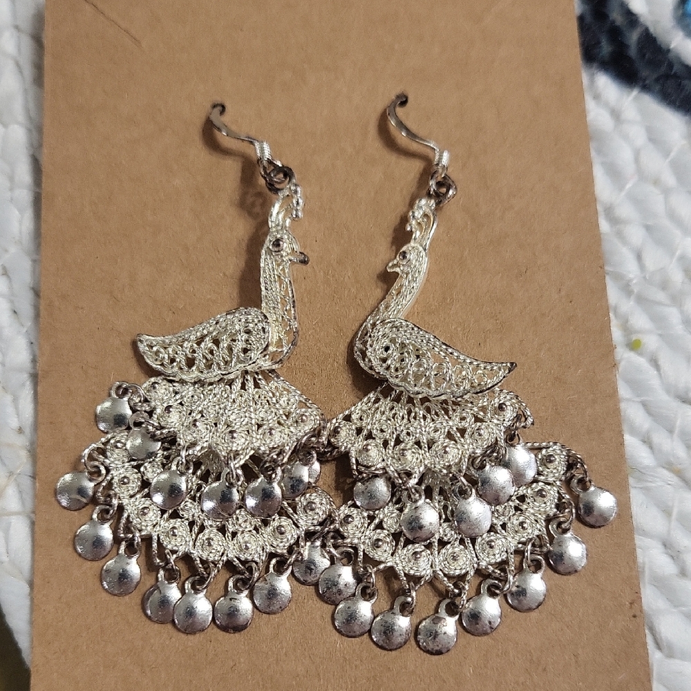 Vintage Sterling Silver Peacock Earrings